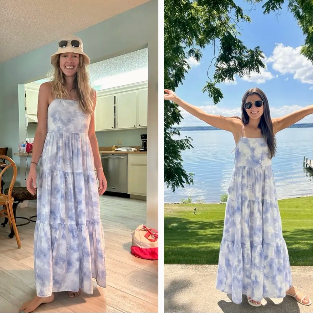 JONATHAN SIMKHAI Organic Cotton Blue & White Tiered Maxi Dress Flowy Sundress - Picture 7 of 14